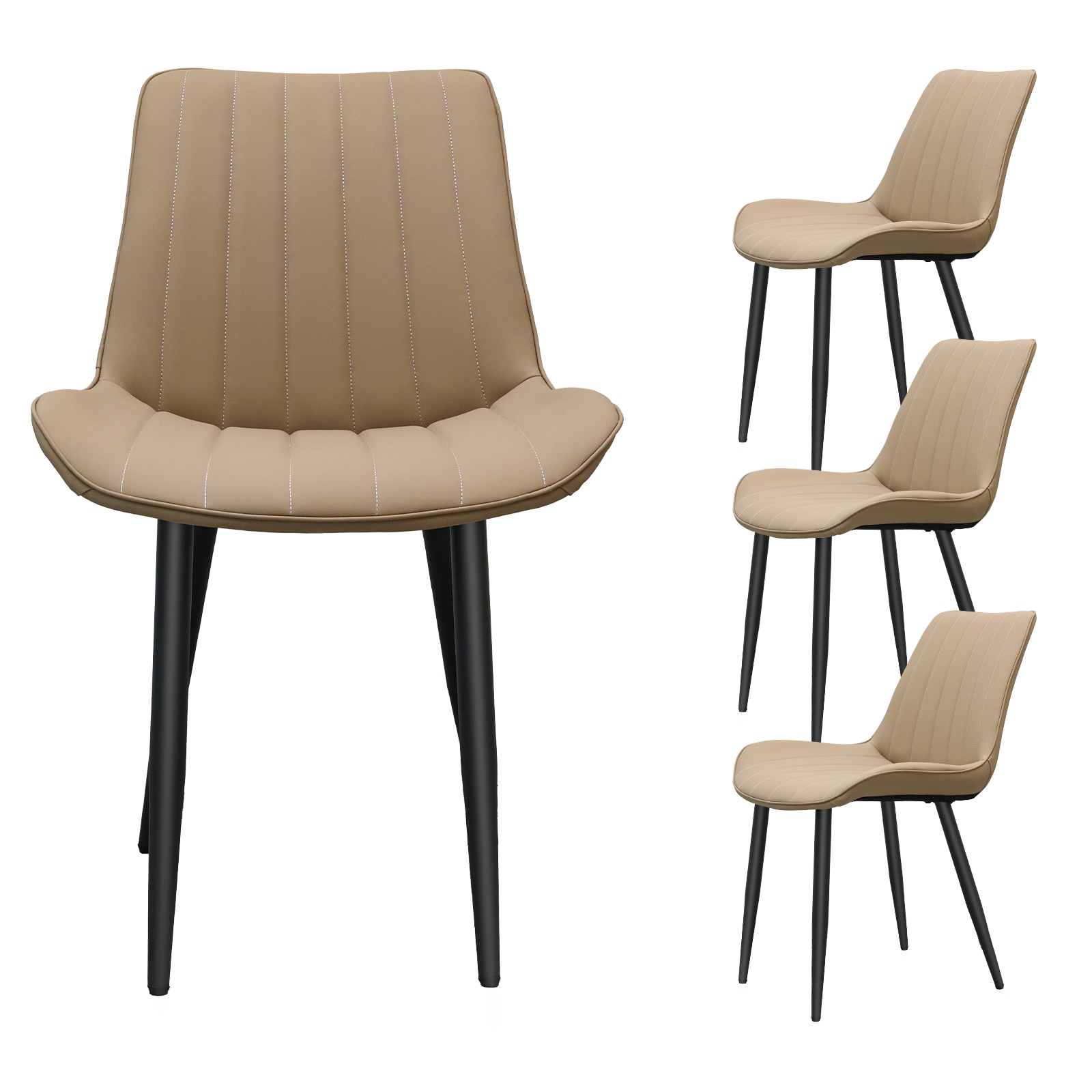 Khaki PU Leather Dining Chair With Metal Legs, Wave Pattern Upholstered Armless Chair Set Of 4 For Kitchen, Restaurant, Living, Meeting Room_maomaolike.com